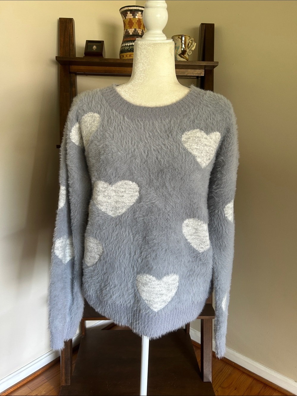 Hem & Thread Fuzzy Heart Crewneck Sweater